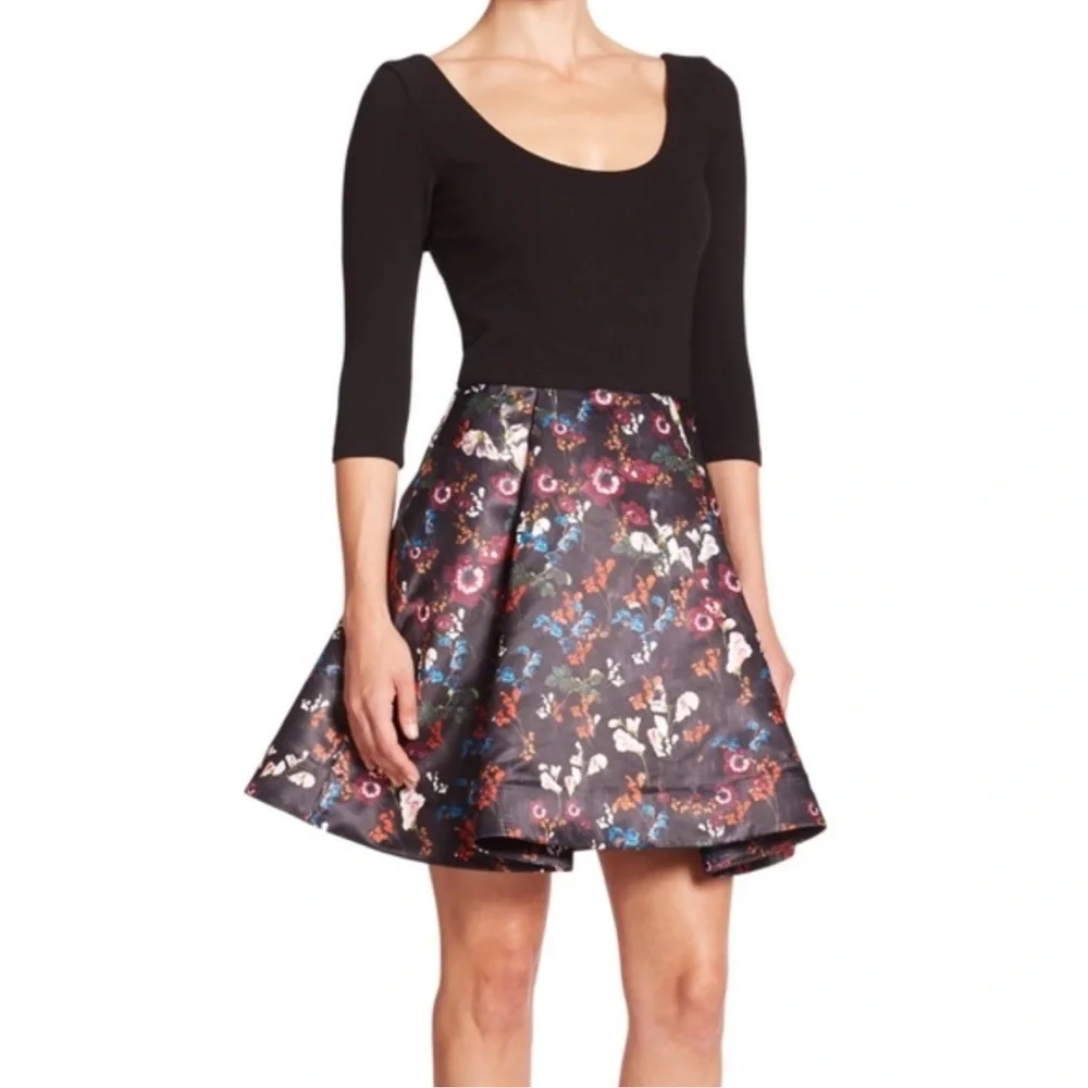 alice + olivia‎ Amie Fall Garden Print Black Long Sleeve Fit Flare Dress Sz 6 - Picture 6 of 16
